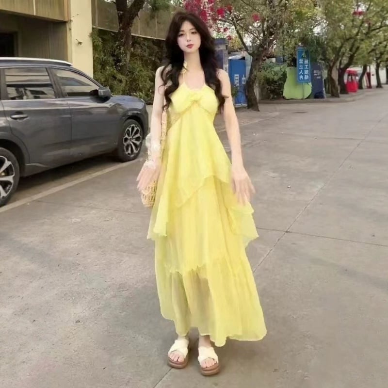 Rochie cu gât halter, fără spate, lungă, din plasă, în stil stațiune litorală