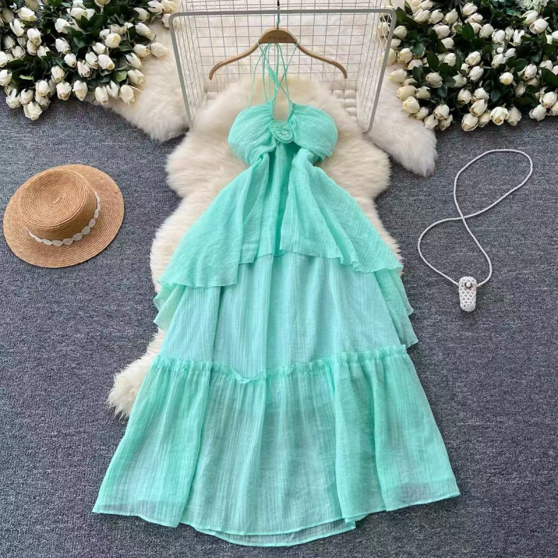 Rochie cu gât halter, fără spate, lungă, din plasă, în stil stațiune litorală