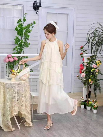 Rochie de plajă cu guler halter, lungă, croială în A-line, fără mâneci, poliester