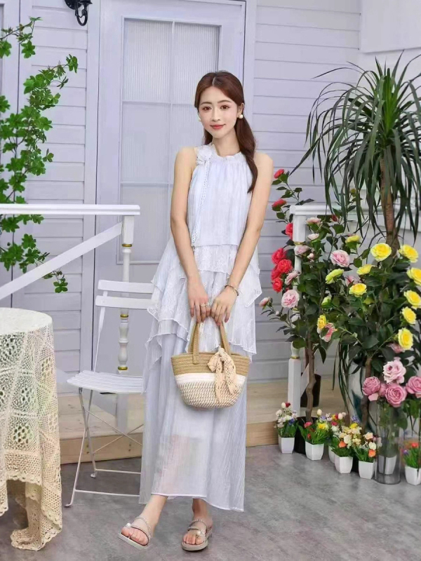 Rochie de plajă cu guler halter, lungă, croială în A-line, fără mâneci, poliester