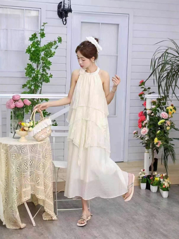 Rochie de plajă cu guler halter, lungă, croială în A-line, fără mâneci, poliester