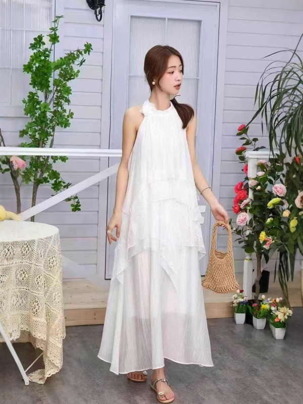 Rochie de plajă cu guler halter, lungă, croială în A-line, fără mâneci, poliester