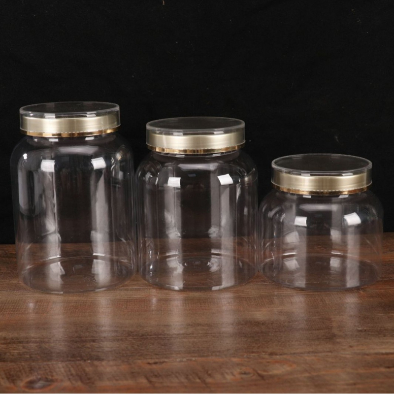 Műanyag kör alakú üveg fedővel, átlátszó adagoló üveg, PE anyag, szitanyomás, testreszabás