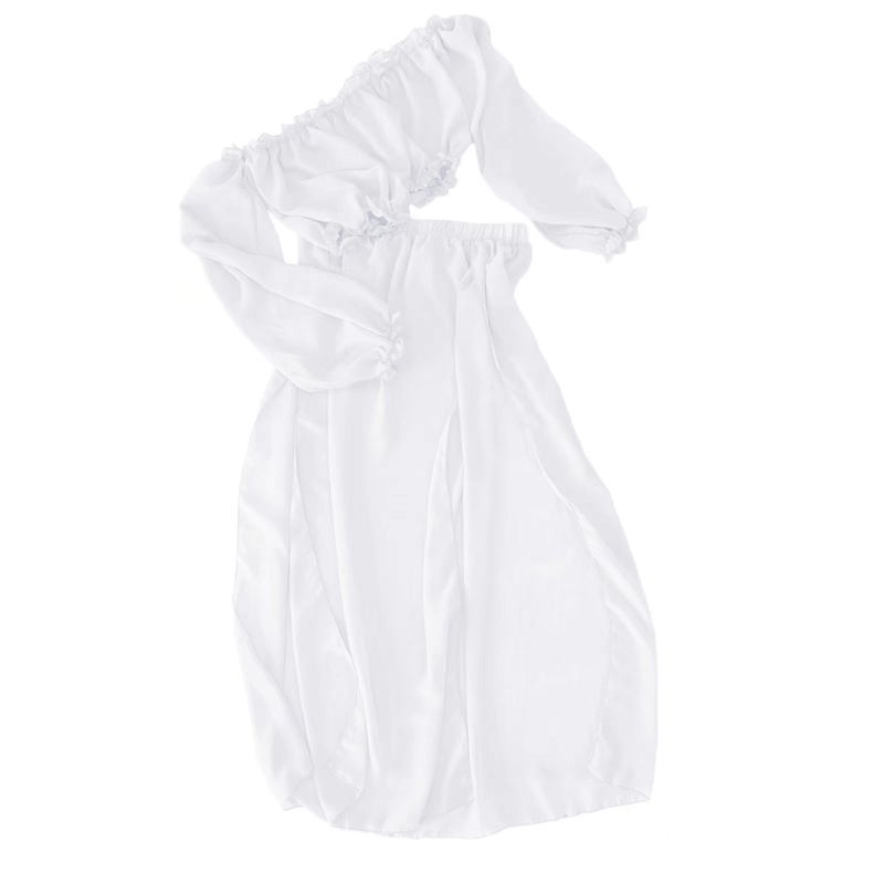 Rochie din chiffon cu mâneci lungi, talie înaltă, tiv neregulat, stil înfășurare pe bust