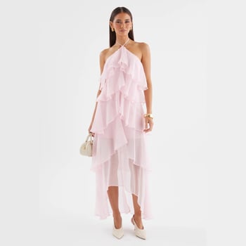 Rochie cu halter, lungă, talie înaltă; poliester, culoare solidă.