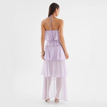 Rochie cu halter, lungă, talie înaltă; poliester, culoare solidă.