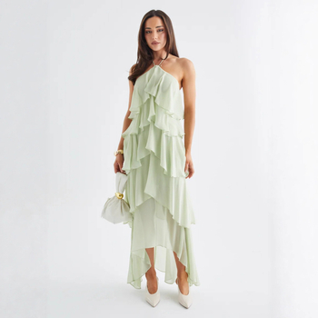 Rochie cu halter, lungă, talie înaltă; poliester, culoare solidă.