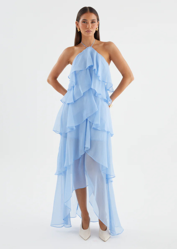 Rochie cu halter, lungă, talie înaltă; poliester, culoare solidă.
