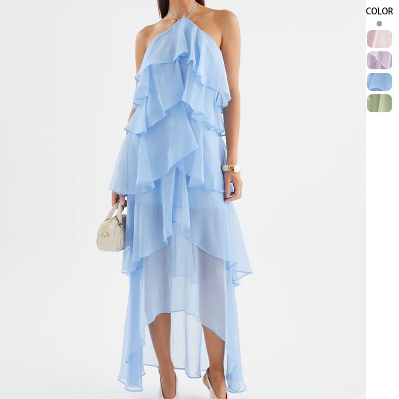 Rochie cu halter, lungă, talie înaltă; poliester, culoare solidă.