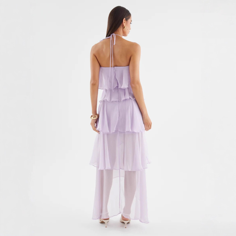 Rochie cu halter, lungă, talie înaltă; poliester, culoare solidă.