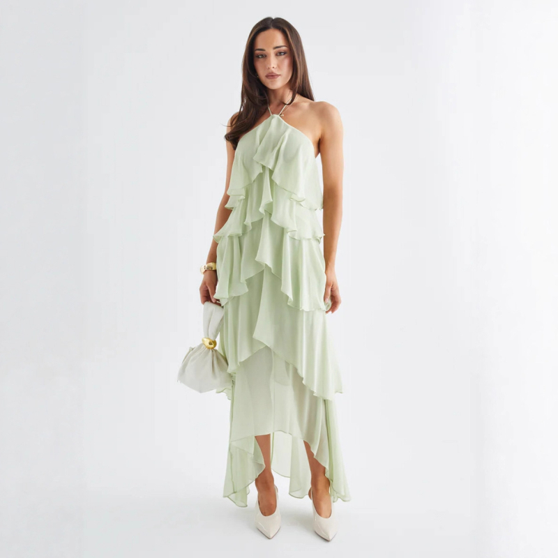 Rochie cu halter, lungă, talie înaltă; poliester, culoare solidă.
