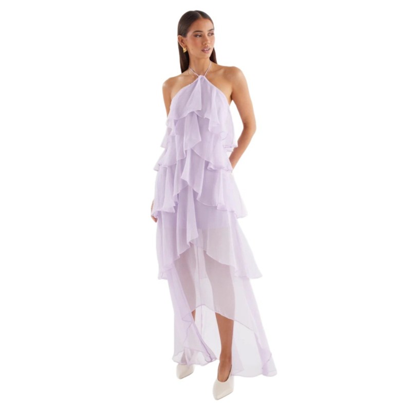 Rochie cu halter, lungă, talie înaltă; poliester, culoare solidă.