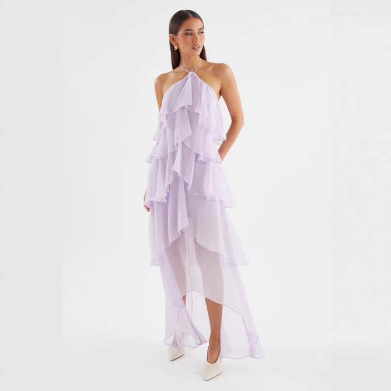 Rochie cu halter, lungă, talie înaltă; poliester, culoare solidă.