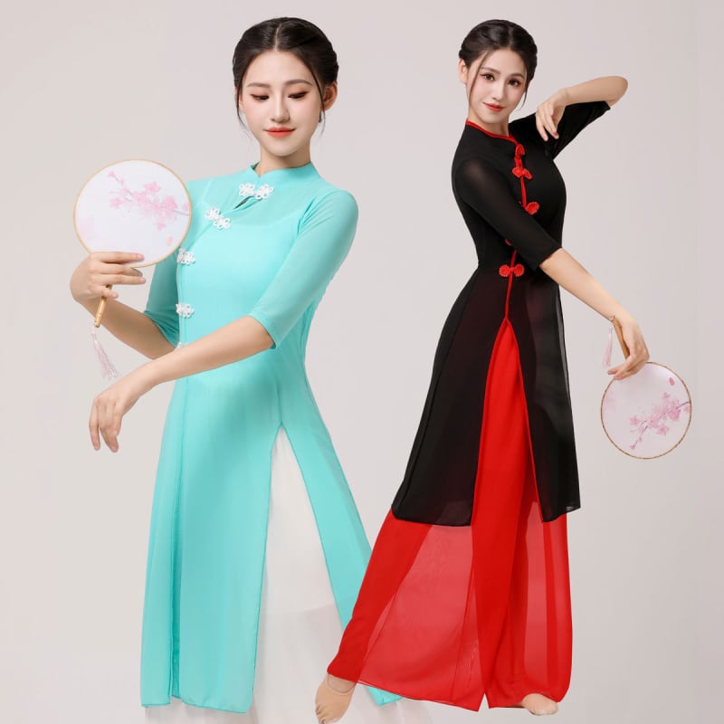 Trojedjelni klasični plesni komplet: srednje duljine Cheongsam Ao Dai set za square dance, etnički stil, tkanina 70% spandex