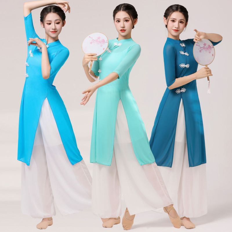 Trojedjelni klasični plesni komplet: srednje duljine Cheongsam Ao Dai set za square dance, etnički stil, tkanina 70% spandex