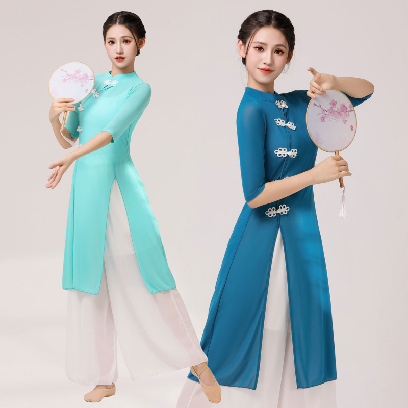 Trojedjelni klasični plesni komplet: srednje duljine Cheongsam Ao Dai set za square dance, etnički stil, tkanina 70% spandex