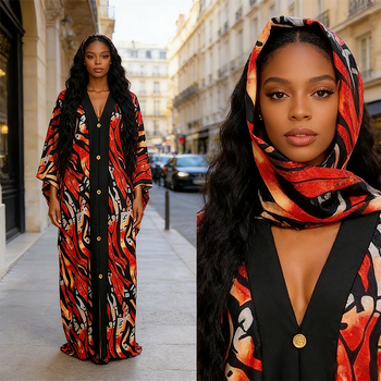 Geometriai mintás poliészter maxi ruha, V-nyakkivágású, rövid ujjú, bő szabású, utcai stílus