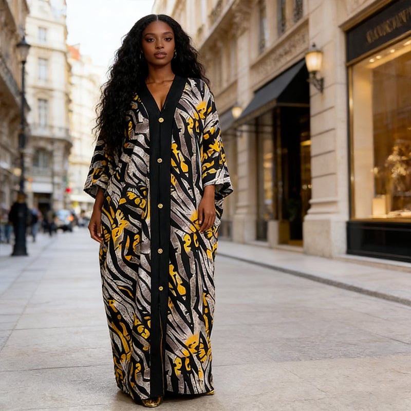 Geometriai mintás poliészter maxi ruha, V-nyakkivágású, rövid ujjú, bő szabású, utcai stílus