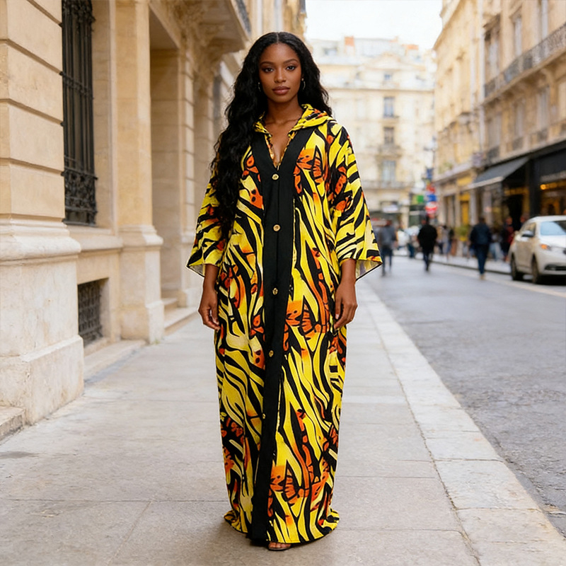 Geometriai mintás poliészter maxi ruha, V-nyakkivágású, rövid ujjú, bő szabású, utcai stílus