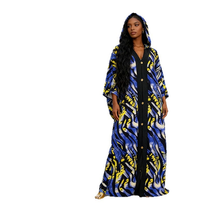 Geometriai mintás poliészter maxi ruha, V-nyakkivágású, rövid ujjú, bő szabású, utcai stílus