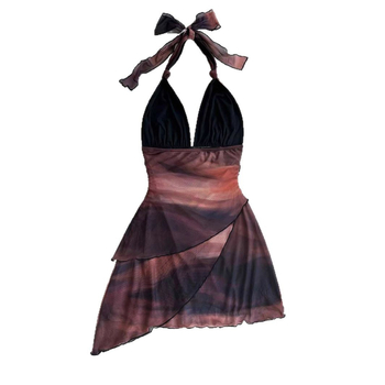 Rochie cu imprimeu floral, decolteu halter, spate gol, croială în A, poliester-spandex