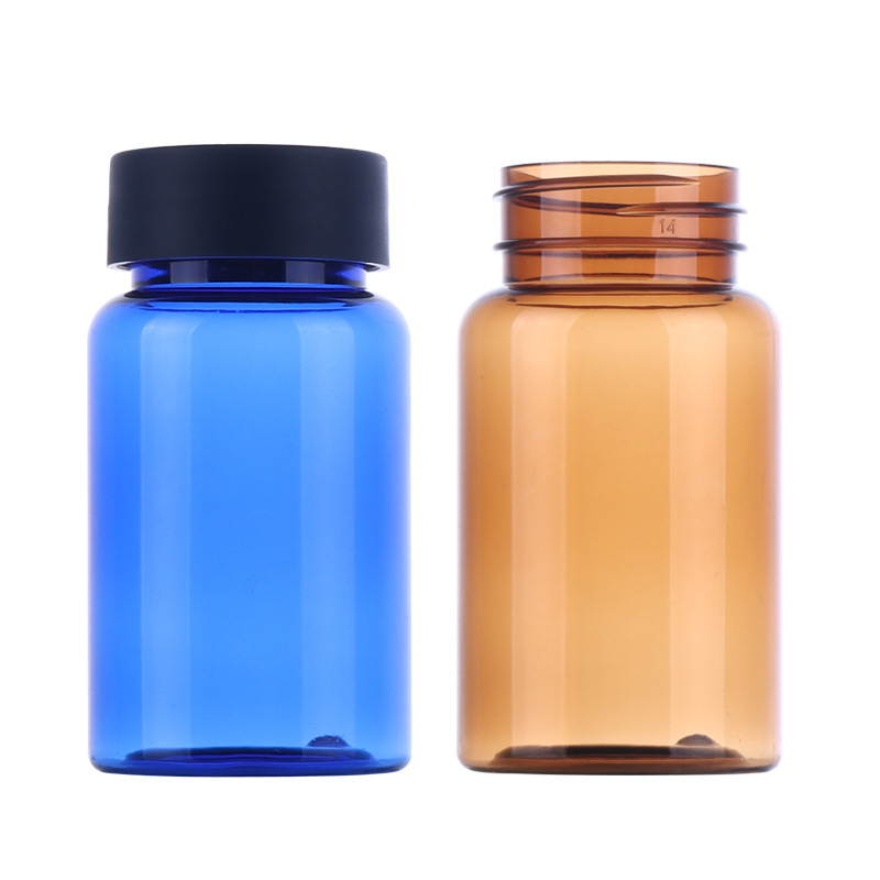 Széles szájú PET tablettás üveg csavaros kupakkal, átlátszó műanyag palack, fúvott formázással készült, logóval testre szabható