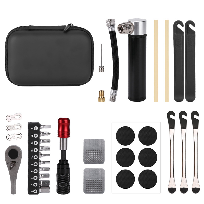 Kerékpárjavító készlet ratchet nyomatékkulccsal és hordozható országúti pumpával (fém felépítés; kombinált csomag; testreszabás elérhető; márka Yuuisd/Joyue)