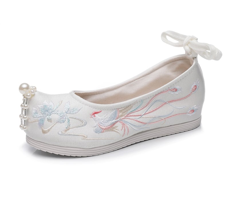 Ръчно тъкани дамски обувки със скрита повдигната височина, етно хански мотив, заострен нос, клиновиден ток 6–8 см