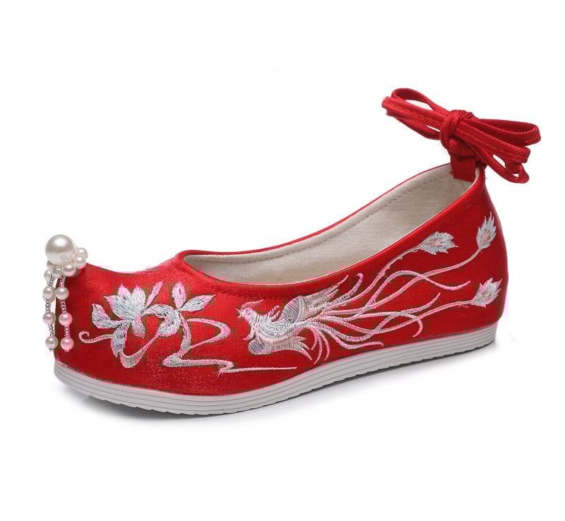 Ръчно тъкани дамски обувки със скрита повдигната височина, етно хански мотив, заострен нос, клиновиден ток 6–8 см