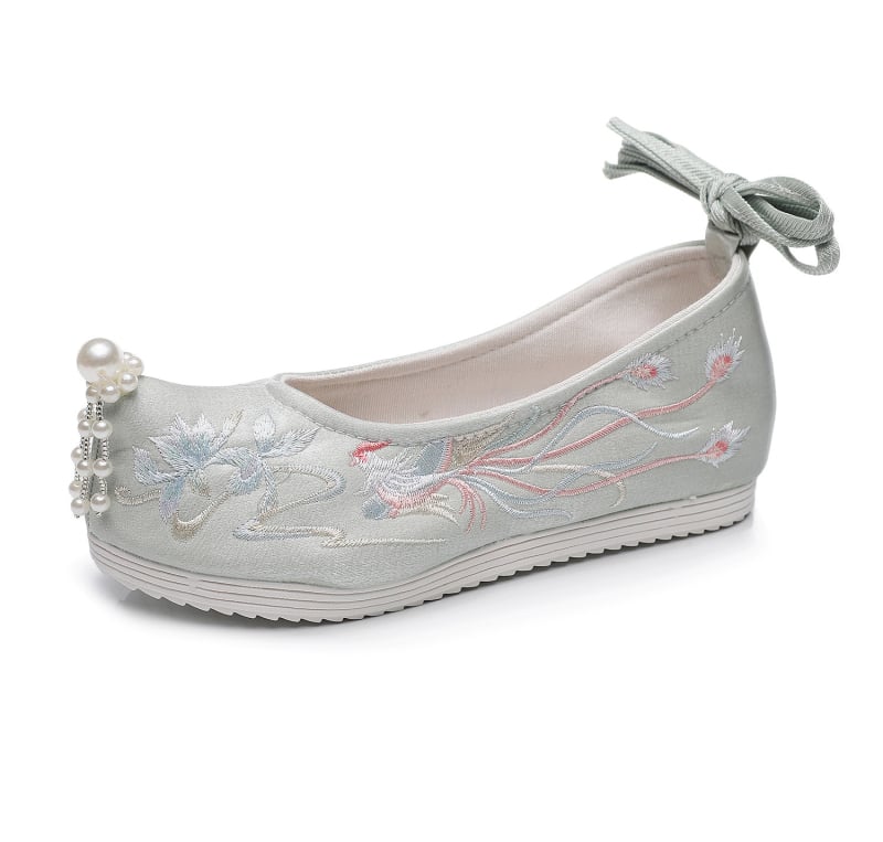 Ръчно тъкани дамски обувки със скрита повдигната височина, етно хански мотив, заострен нос, клиновиден ток 6–8 см