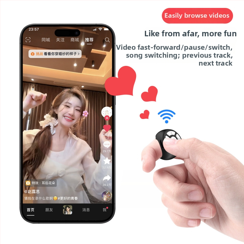 Bluetooth gyűrűs távvezérlő telefon- és tablet kamerához, Selfie és oldalfordítás — Modell T33, Bluetooth 4.0, ABS