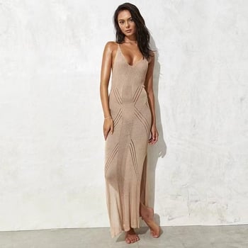 Rochie lungă slip pentru plajă cu bretele, decolteu în V, fără mâneci, material imitație de bumbac