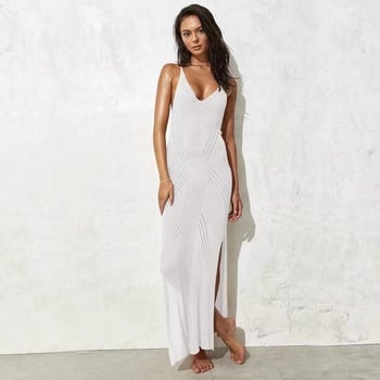 Rochie lungă slip pentru plajă cu bretele, decolteu în V, fără mâneci, material imitație de bumbac