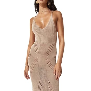 Rochie lungă slip pentru plajă cu bretele, decolteu în V, fără mâneci, material imitație de bumbac