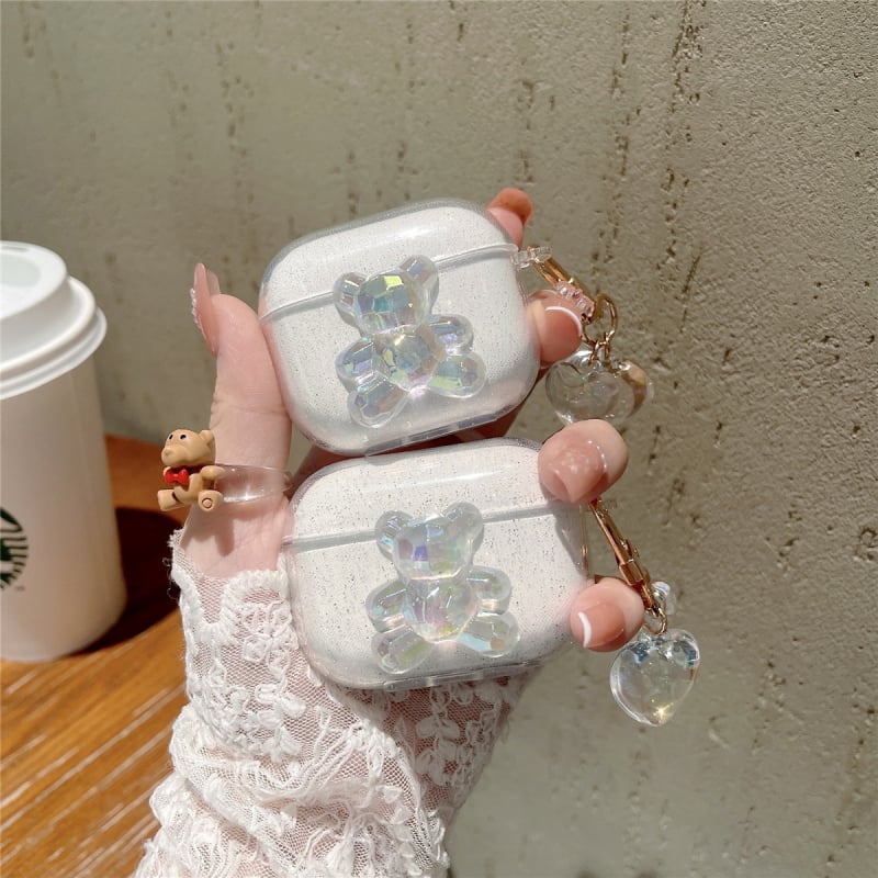 TPU védőtok AirPods Pro 1–3 generációkhoz, hordozható rajzfilm stílusú dizájn kristályos medálos Mackó, injekciós formában készült