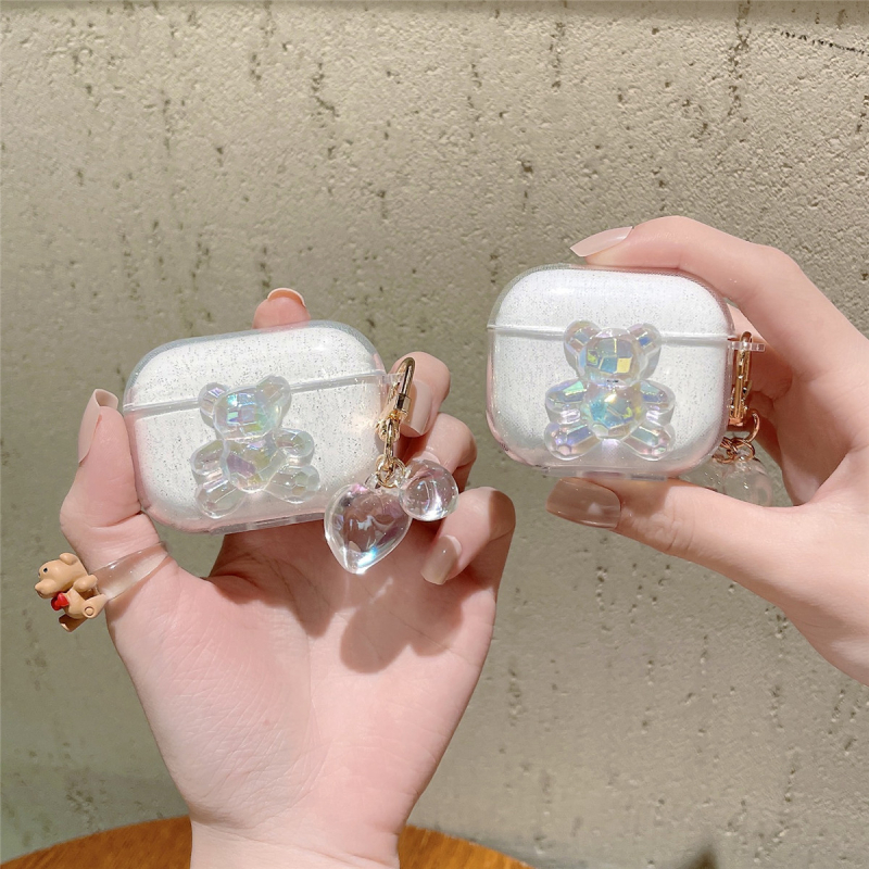 TPU védőtok AirPods Pro 1–3 generációkhoz, hordozható rajzfilm stílusú dizájn kristályos medálos Mackó, injekciós formában készült