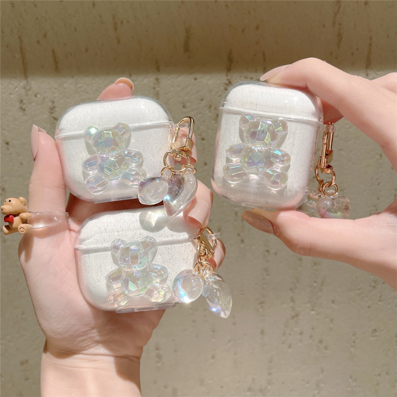 TPU védőtok AirPods Pro 1–3 generációkhoz, hordozható rajzfilm stílusú dizájn kristályos medálos Mackó, injekciós formában készült