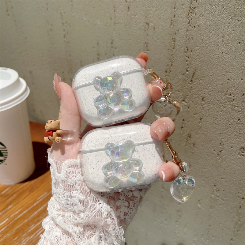 TPU védőtok AirPods Pro 1–3 generációkhoz, hordozható rajzfilm stílusú dizájn kristályos medálos Mackó, injekciós formában készült