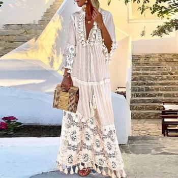 Rochie din in, model solid, cusături în stil colaj, decolteu în V, mâneci lungi