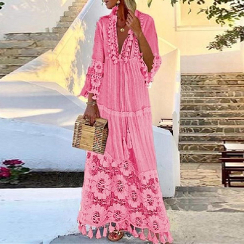 Rochie din in, model solid, cusături în stil colaj, decolteu în V, mâneci lungi