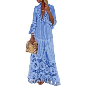 Rochie din in, model solid, cusături în stil colaj, decolteu în V, mâneci lungi