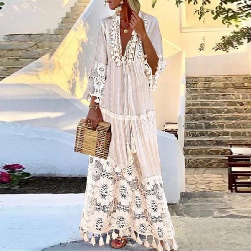 Rochie din in, model solid, cusături în stil colaj, decolteu în V, mâneci lungi
