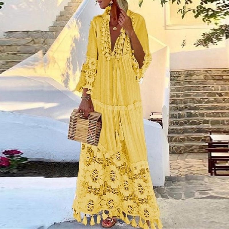 Rochie din in, model solid, cusături în stil colaj, decolteu în V, mâneci lungi