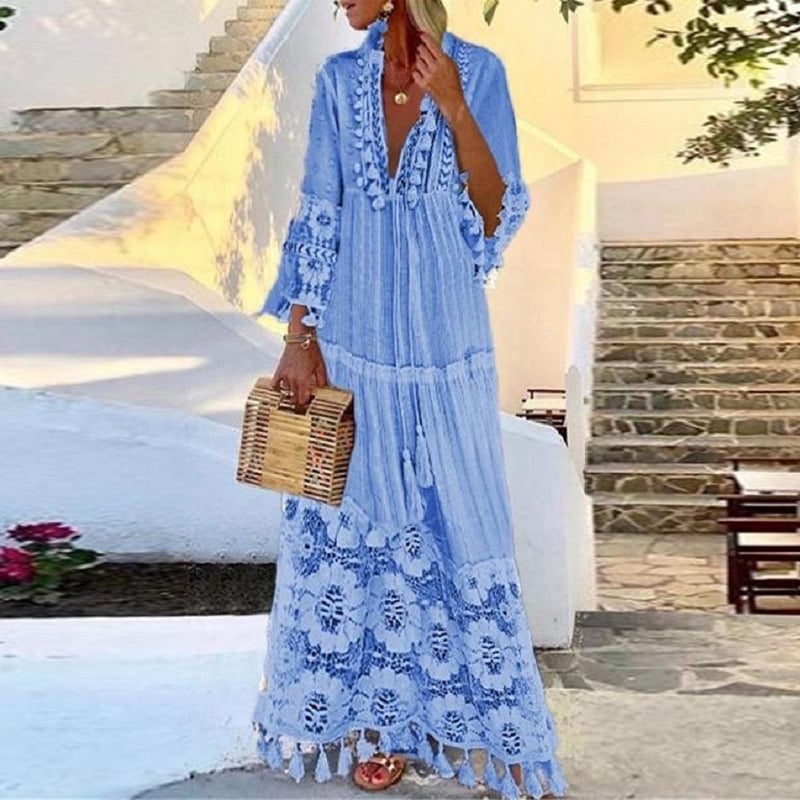 Rochie din in, model solid, cusături în stil colaj, decolteu în V, mâneci lungi