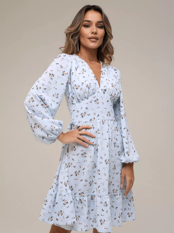 Ženska haljina s floralnim uzorkom, V-dekolte, balon rukavi, midi dužina, A-linija kroja