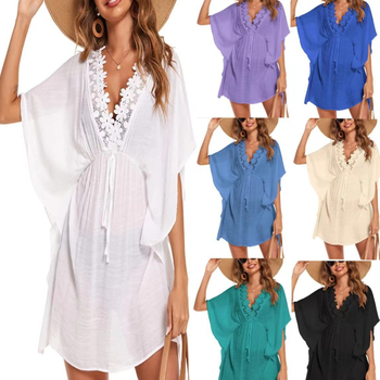 Rochie cu decolteu în V, mâneci batwing, fustă scurtă cu talie înaltă, culoare solidă, stil pulover, amestec rayon/poliester, vară 2023