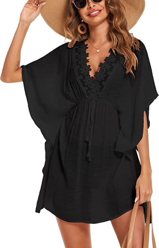 Rochie cu decolteu în V, mâneci batwing, fustă scurtă cu talie înaltă, culoare solidă, stil pulover, amestec rayon/poliester, vară 2023