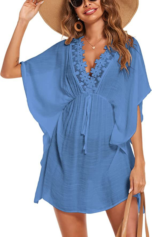 Rochie cu decolteu în V, mâneci batwing, fustă scurtă cu talie înaltă, culoare solidă, stil pulover, amestec rayon/poliester, vară 2023