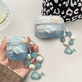 Carcasă AirPods Pro/Pro2/Pro3 – Delfin desen animat Ocean albastru, TPU, turnare prin injecție, transparentă, personalizabilă