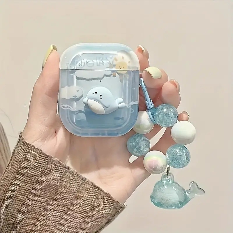 Carcasă AirPods Pro/Pro2/Pro3 – Delfin desen animat Ocean albastru, TPU, turnare prin injecție, transparentă, personalizabilă